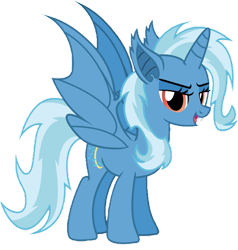 Size: 1280x1342 | Tagged: safe, artist:cassius2003, derpibooru import, edit, edited screencap, screencap, trixie, alicorn, bat pony, bat pony alicorn, background removed, bat ponified, bat wings, fangs, horn, lidded eyes, open mouth, open smile, race swap, simple background, smiling, solo, transparent background, trixiebat, wings