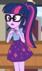 Size: 344x582 | Tagged: safe, derpibooru import, screencap, sci-twi, twilight sparkle, better together, equestria girls, holidays unwrapped, cropped, solo, the cider louse fools