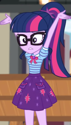 Size: 344x606 | Tagged: safe, derpibooru import, screencap, sci-twi, twilight sparkle, better together, equestria girls, holidays unwrapped, armpits, arms in the air, bowtie, cropped, cutie mark on clothes, geode of telekinesis, glasses, jewelry, pendant, polo shirt, ponytail, skirt, solo, the cider louse fools