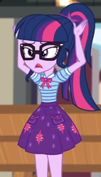 Size: 344x606 | Tagged: safe, derpibooru import, screencap, sci-twi, twilight sparkle, better together, equestria girls, holidays unwrapped, armpits, arms in the air, blinking, bowtie, cropped, cutie mark on clothes, geode of telekinesis, glasses, jewelry, open mouth, pendant, polo shirt, ponytail, skirt, solo, the cider louse fools