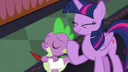 Size: 1280x720 | Tagged: safe, derpibooru import, screencap, spike, twilight sparkle, twilight sparkle (alicorn), alicorn, dragon, pony, school daze, season 8, spoiler:s08, crossed arms, cute, eyes closed, female, male, mare, smiling, twiabetes