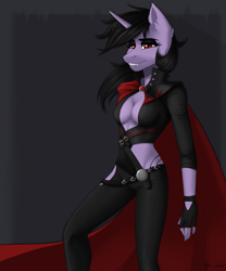Size: 2000x2400 | Tagged: safe, artist:villjulie, derpibooru import, oc, oc only, oc:astra nova, anthro, undead, unicorn, vampire, vampony, absolute cleavage, anthro oc, boob window, breasts, cape, cleavage, clothes, commission, ear fluff, ears, female, fingerless gloves, gloves, mare, older, simple background, solo, ych result