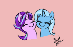 Size: 1117x720 | Tagged: safe, artist:elisdoominika, derpibooru import, starlight glimmer, trixie, pony, unicorn, animated, cheek to cheek, cuddling, eye contact, eyes closed, female, gif, lesbian, looking at each other, love, mare, nuzzling, shipping, simple background, smiling, smiling at each other, startrix