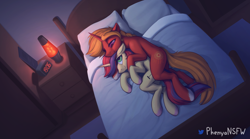 Size: 3000x1667 | Tagged: safe, artist:phenya, derpibooru import, oc, oc only, pony, unicorn, bed, bedroom, blanket, clock, colored pupils, cuddling, ears, eyebrows, eyebrows visible through hair, floppy ears, horn, indoors, lava lamp, lidded eyes, looking at each other, looking back, lying down, on side, pillow, smiling, smirk, spooning, unshorn fetlocks