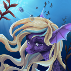 Size: 1920x1920 | Tagged: safe, artist:streivous, derpibooru import, oc, oc only, oc:soothing aqua, dolphin, merpony, original species, pony, bubble, bust, crepuscular rays, female, flowing mane, lidded eyes, ocean, portrait, purple eyes, scales, seaweed, smiling, solo, sunlight, underwater, water