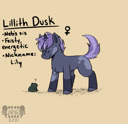 Size: 695x673 | Tagged: safe, artist:sursiq, derpibooru import, oc, oc:lilith dusk, frog, pony, unicorn, fallout equestria, blank flank, cute, fallout equestria oc, female, foal, horn, solo, text, unicorn oc