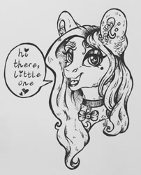 Size: 871x1080 | Tagged: safe, artist:skior, derpibooru import, oc, pony, bust, choker, ear fluff, ears, female, heart eyes, jewelry, mare, mole, monochrome, open mouth, open smile, pendant, portrait, smiling, solo, speech bubble, traditional art, wingding eyes