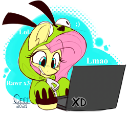 Size: 2400x2122 | Tagged: safe, artist:wutanimations, derpibooru import, fluttershy, pegasus, pony, abstract background, antonymph, clothes, computer, female, fluttgirshy, gir, grin, high res, hoodie, invader zim, laptop computer, lmao, lol, mare, rawr, signature, smiling, solo, winky face, x3, xd, zipper