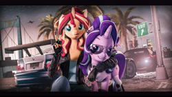 Size: 9600x5400 | Tagged: safe, artist:calveen, artist:imafutureguitarhero, derpibooru import, starlight glimmer, sunset shimmer, anthro, pony, unicorn, art pack:fun n games artpack, 3d, :p, absurd resolution, alternate hairstyle, anthro with ponies, arm around neck, audi, audi r8, aviator glasses, aviators, black bars, bmw, bmw m3 gtr, boots, bridge, car, cheek fluff, chest freckles, clothes, colored eyebrows, colored eyelashes, duo, duo female, ear fluff, ear piercing, ears, fangs, female, fingerless gloves, fluffy, freckles, fur, glasses, gloves, grin, horn, jacket, jeans, jewelry, kneeling, leather gloves, leather jacket, looking at you, mare, multicolored hair, multicolored mane, multicolored tail, need for speed, need for speed: most wanted, nose wrinkle, outdoors, palm tree, pants, peace sign, peppered bacon, piercing, plane, raised eyebrow, revamped anthros, revamped ponies, shirt, shoes, signature, smiling, socks, source filmmaker, sunglasses, tongue, tongue out, tree, wall of tags