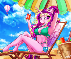 Size: 2250x1850 | Tagged: safe, alternate version, artist:stainedglasslighthea, derpibooru import, princess cadance, alicorn, anthro, plantigrade anthro, alternate hairstyle, beach, beach umbrella, bedroom eyes, belly button, bikini, bikini bottom, bikini top, breasts, can, clothes, commission, drink, feet, female, looking at you, lounge chair, mare, midriff, open mouth, open smile, princess cansdance, sand, sandals, sitting, smiling, smiling at you, soda can, solo, summer, swimsuit, ych example, your character here