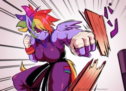 Size: 1559x1134 | Tagged: safe, artist:traupa, derpibooru import, rainbow dash, anthro, pegasus, bandage, break, breasts, punch, rainboob dash, speedpaint, wood