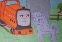 Size: 1280x867 | Tagged: safe, artist:dex stewart, derpibooru import, limestone pie, earth pony, pony, holder's boulder, rusty, thomas and friends, thomas the tank engine, traditional art