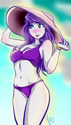 Size: 2000x3499 | Tagged: safe, artist:nolyanimeid, derpibooru import, rarity, equestria girls, alternate hairstyle, belly btton, bikini, bikini bottom, bikini top, blushing, bracelet, clothes, female, hat, jewelry, lipstick, makeup, solo, sun hat, swimsuit