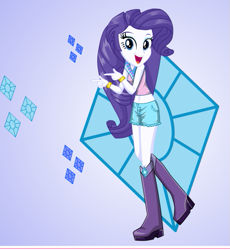 Size: 561x610 | Tagged: safe, artist:kimpossiblelove, derpibooru import, rarity, equestria girls, clothes, open mouth, open smile, shorts, smiling