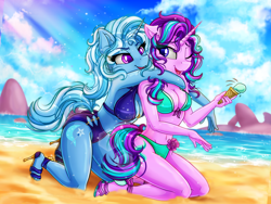 Size: 2500x1878 | Tagged: safe, alternate version, artist:stainedglasslighthea, derpibooru import, starlight glimmer, trixie, anthro, plantigrade anthro, unicorn, absolute cleavage, beach, bikini, breasts, cleavage, clothes, commission, duo, feet, female, food, high heels, hug, hug from behind, ice cream, ice cream cone, kneeling, lesbian, mare, one eye closed, open mouth, open smile, sandals, shipping, shoes, smiling, starlight jiggler, startrix, swimsuit, tail, titsie, ych example, your character here