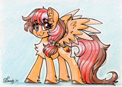 Size: 2054x1473 | Tagged: safe, artist:dandy, derpibooru import, oc, oc only, pegasus, pony, :3, chest fluff, colored pencil drawing, ear fluff, ears, female, looking at you, mare, side view, smiling, smiling at you, solo, traditional art, unshorn fetlocks, wings