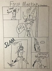 Size: 2059x2842 | Tagged: safe, artist:diamond06mlp, derpibooru import, discord, oc, oc:paradox, draconequus, ..., bust, comic, dialogue, door slam, male, monochrome, speech bubble, sweat, sweatdrop, traditional art