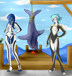 Size: 1700x1800 | Tagged: safe, artist:foxgearstudios, derpibooru import, princess celestia, princess luna, shark, equestria girls, blood, clothes, feet, hand on hip, hanging, outdoors, swimsuit