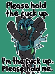 Size: 3014x4000 | Tagged: safe, artist:partylikeanartist, queen chrysalis, changeling, changeling queen, bipedal, female, green background, hooves in air, open mouth, pun, simple background, solo, spread wings, subversive kawaii, text, underhoof, upsies, vulgar