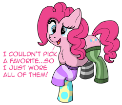 Size: 1280x1097 | Tagged: safe, artist:pony-thunder, derpibooru import, pinkie pie, earth pony, pony, chest fluff, clothes, cute, mismatched socks, simple background, socks, solo, stockings, striped socks, text, thigh highs, transparent background
