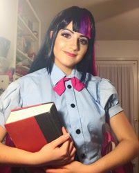 Size: 1080x1341 | Tagged: safe, artist:sarahndipity cosplay, derpibooru import, twilight sparkle, human, equestria girls, book, clothes, cosplay, costume, irl, irl human, photo