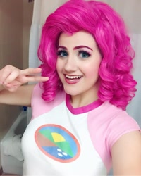 Size: 1080x1352 | Tagged: safe, artist:sarahndipity cosplay, derpibooru import, pinkie pie, human, equestria girls, legend of everfree, 2018, clothes, cosplay, costume, irl, irl human, peace sign, photo