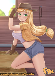 Size: 2480x3425 | Tagged: safe, artist:focusb, derpibooru import, applejack, human, applejack's hat, applerack, big breasts, breasts, cleavage, clothes, cowboy hat, erect nipples, gloves, hat, hay bale, humanized, nipple outline, shirt, solo, undershirt