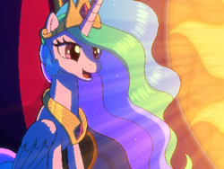 Size: 800x600 | Tagged: safe, artist:rangelost, derpibooru import, princess celestia, alicorn, crown, cyoa, cyoa:d20 pony, jewelry, offscreen character, open mouth, pixel art, regalia, solo, stained glass window, story included, sunlight, throne, throne room