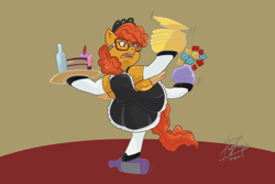 Size: 1772x1181 | Tagged: safe, artist:shacy's pagelings, derpibooru import, oc, oc:klutzy, pegasus, pony, character, clothes, glasses, maid, solo, stand, trip