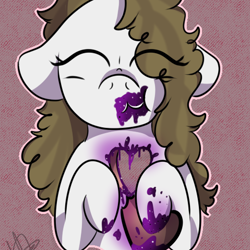 Size: 479x479 | Tagged: safe, artist:millefaller, derpibooru import, oc, oc only, earth pony, pony, bust, earth pony oc, eating, eye clipping through hair, eyelashes, eyes closed, female, food, jam, mare, signature, solo