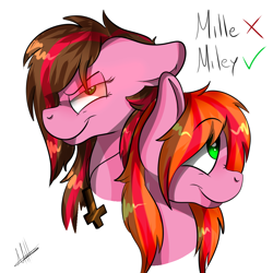 Size: 1020x1020 | Tagged: safe, artist:millefaller, derpibooru import, oc, oc only, earth pony, pony, bust, duo, earth pony oc, frown, jewelry, necklace, signature, simple background, smiling, white background