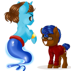 Size: 3401x3401 | Tagged: safe, artist:schokocream, derpibooru import, oc, oc only, earth pony, pony, duo, earth pony oc, genie, glasses, grin, simple background, smiling, white background