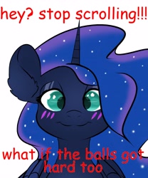 Size: 3413x4096 | Tagged: safe, artist:doegie, derpibooru import, princess luna, alicorn, pony, blushing, looking at you, smiling, text, wat