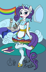 Size: 779x1200 | Tagged: safe, artist:sepiakeys, derpibooru import, rarity, anthro, unguligrade anthro, unicorn, blushing, book, clothes, maid, maidity, solo