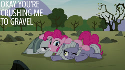 Size: 1280x720 | Tagged: safe, derpibooru import, edit, edited screencap, editor:quoterific, screencap, limestone pie, marble pie, pinkie pie, earth pony, pony, season 8, the maud couple, spoiler:s08, female, grin, hair over one eye, mare, one eye closed, pie sisters, siblings, sisters, smiling