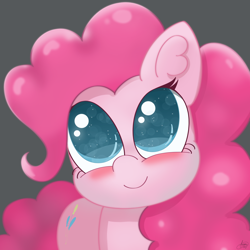 Size: 2160x2160 | Tagged: safe, artist:limitmj, derpibooru import, pinkie pie, earth pony, pony, big eyes, blushing, cute, diapinkes, ear fluff, ears, gray background, looking at you, looking up, ponk, simple background, smiling, solo, starry eyes, wingding eyes