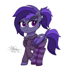 Size: 1280x1280 | Tagged: safe, artist:itsnovastarblaze, derpibooru import, oc, oc only, oc:eris moon, bat pony, pony, cheek fluff, clothes, ear fluff, ears, female, hairpin, hoodie, looking back, mare, simple background, socks, solo, standing, striped socks, transparent background