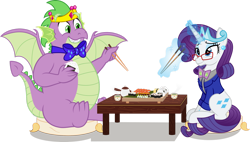 Size: 1920x1088 | Tagged: safe, artist:n0kkun, derpibooru import, rarity, spike, dragon, fish, unicorn, flurry heart's story, adult, adult spike, bhm, bowtie, chopsticks, clothes, crown, cushion, duo, ear piercing, fat, fat spike, female, food, glasses, jacket, jewelry, male, older, older rarity, older spike, onigiri, piercing, regalia, salmon, shipping, simple background, sparity, straight, sushi, table, tea, tiara, transparent background, vector