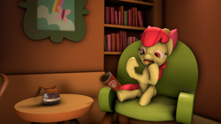 Size: 1920x1080 | Tagged: safe, artist:forerunnerfoxx, derpibooru import, apple bloom, earth pony, pony, 3d, coffee, coffee mug, female, filly, mug, newbie artist training grounds, sofa, source filmmaker, table