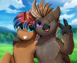 Size: 3215x2640 | Tagged: safe, artist:pridark, derpibooru import, oc, oc only, oc:aeto, hippogriff, pony, unicorn, bust, cloud, cute, duo, grass, high res, hippogriff oc, horn, male, mountain, multicolored hair, ocbetes, one eye closed, peace sign, portrait, scenery, sky, smiling, tree, unicorn oc, wink