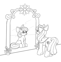 Size: 1000x1025 | Tagged: safe, artist:zevironmoniroth, derpibooru import, apple bloom, earth pony, pony, female, filly, goldie delicious' scarf, mare, mirror, monochrome, older, older apple bloom, sketch