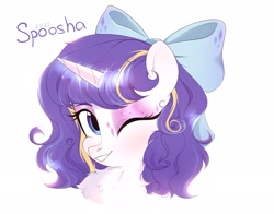 Size: 2048x1603 | Tagged: safe, artist:spoosha, derpibooru import, rarity, pony, unicorn, alternate hairstyle, bow, chest fluff, female, hair bow, looking at you, mare, one eye closed, simple background, smiling, smiling at you, solo, white background, wink, winking at you