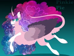 Size: 4096x3110 | Tagged: safe, artist:inisealga, derpibooru import, pinkie pie, alicorn, pony, abstract background, alicornified, alternate design, alternate universe, chest fluff, coat markings, curved horn, fluffy, folded wings, gradient background, horn, leonine tail, neck fluff, pinkiecorn, race swap, socks (coat marking), wings, xk-class end-of-the-world scenario