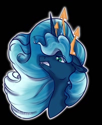 Size: 1041x1280 | Tagged: safe, artist:gadjil974, derpibooru import, oc, oc only, pony, unicorn, angry, black background, blue mane, bust, crown, eyelashes, female, flowing mane, gem, green eyes, horn, jewelry, princess, regalia, signature, simple background, solo, teeth