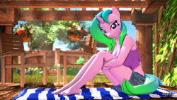 Size: 1920x1080 | Tagged: safe, artist:anthroponiessfm, derpibooru import, oc, oc:fiona mahri, anthro, plantigrade anthro, unicorn, 3d, anthro oc, barefoot, beautiful, breasts, cleavage, clothes, cute, daaaaaaaaaaaw, feet, female, holding legs, horn, looking at you, shirt, shorts, source filmmaker, unicorn oc