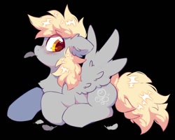 Size: 910x729 | Tagged: safe, artist:mirtash, derpibooru import, derpy hooves, pegasus, pony, black background, blushing, chest fluff, cute, derpabetes, feather, female, grooming, mare, preening, prone, simple background, solo