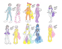 Size: 1280x1010 | Tagged: safe, artist:bluelilytz, derpibooru import, applejack, fluttershy, pinkie pie, princess celestia, princess luna, rainbow dash, rarity, twilight sparkle, human, arm hooves, blushing, blushing profusely, bodysuit, bow, clothes, cosplay, costume, crossdressing, cutie mark, cutie mark on clothes, embarrassed, female, hair bow, mane six, overalls, pajamas, socks, stocking feet, stockings, thigh highs, traditional art, tutu