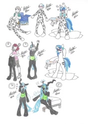 Size: 906x1280 | Tagged: safe, artist:bluelilytz, derpibooru import, dj pon-3, queen chrysalis, vinyl scratch, anthro, human, unguligrade anthro, arm hooves, blushing, bodysuit, clothes, cosplay, costume, cutie mark, cutie mark on clothes, human to anthro, human to changeling, mind control, ponysuit, species swap, traditional art, transformation, transformation sequence