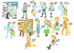 Size: 1280x906 | Tagged: safe, artist:bluelilytz, derpibooru import, applejack, rainbow dash, anthro, earth pony, human, pegasus, unguligrade anthro, arm hooves, blushing, clothes, cosplay, costume, crossdressing, doll, dollified, dress, female, human to anthro, inanimate tf, kigurumi, male, mare, ponysuit, possession, species swap, story included, traditional art, transformation