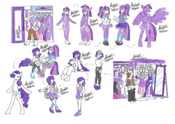 Size: 1280x906 | Tagged: safe, artist:bluelilytz, derpibooru import, rarity, twilight sparkle, twilight sparkle (alicorn), alicorn, anthro, human, unguligrade anthro, unicorn, arm hooves, blushing, clothes, cosplay, costume, crossdressing, doll, dollified, female, human to anthro, inanimate tf, kigurumi, male, mare, possession, skirt, species swap, story included, traditional art, transformation